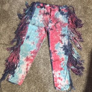 Daisy Tie-Dye Fringe Skinny Jeans - Multicolor